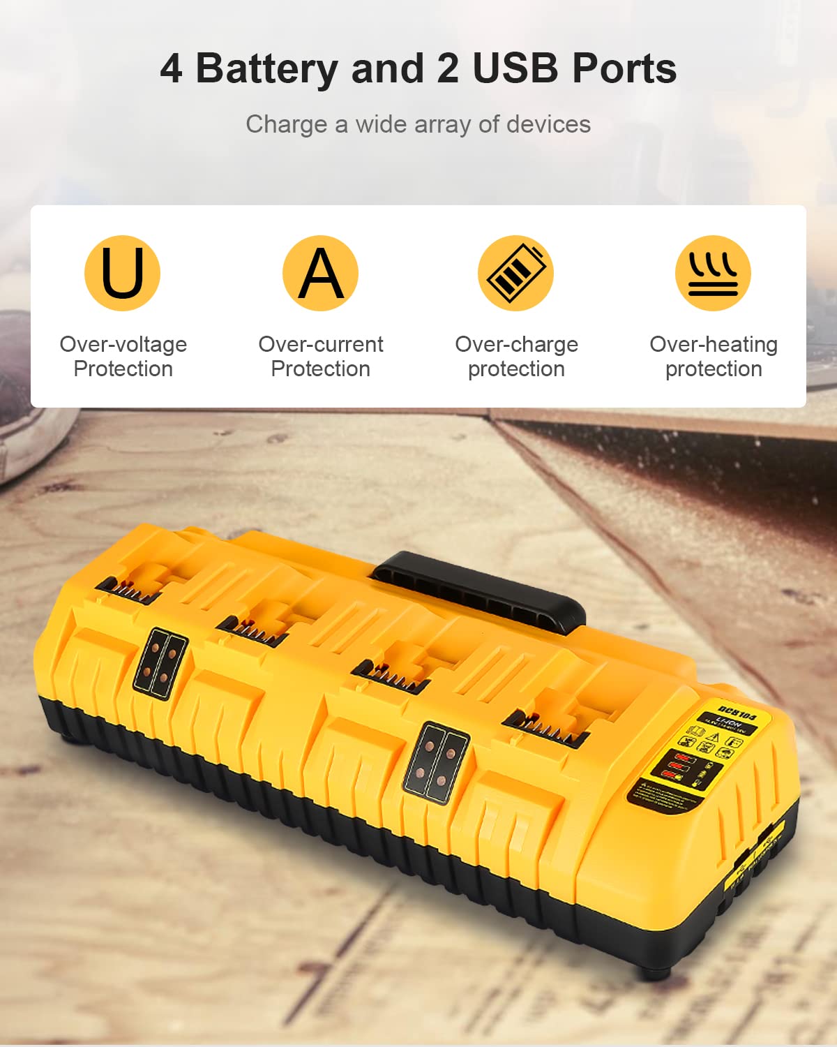 Lenoya DCB104 USB ports allow charging phones and tablets alongside batteries