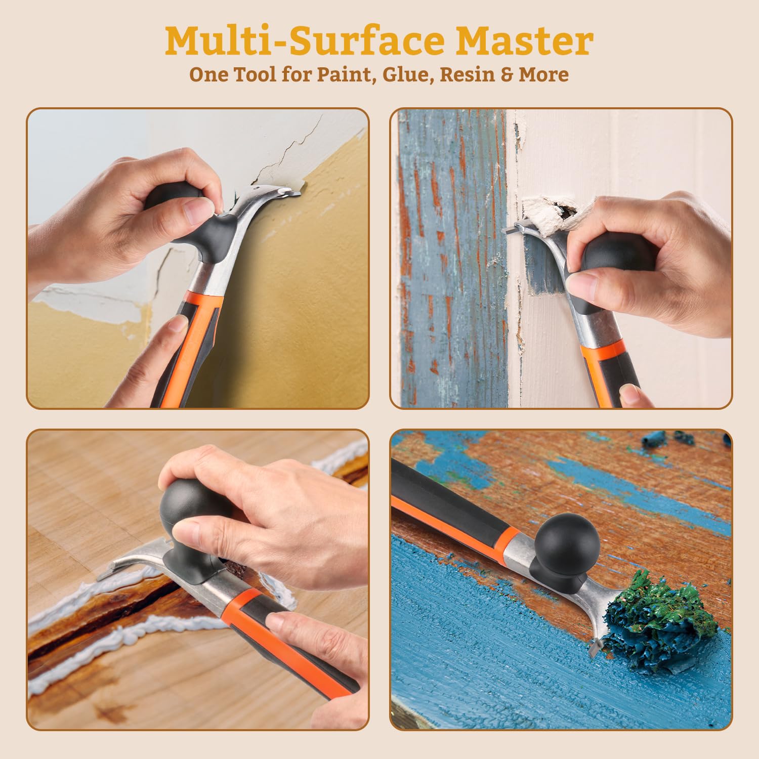 Lenura scraper removing paint from wood with smooth, measured strokes.