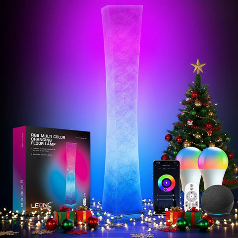LEONC Design RGB+CCT floor lamp with remote for flexible lighting control and ambiance.