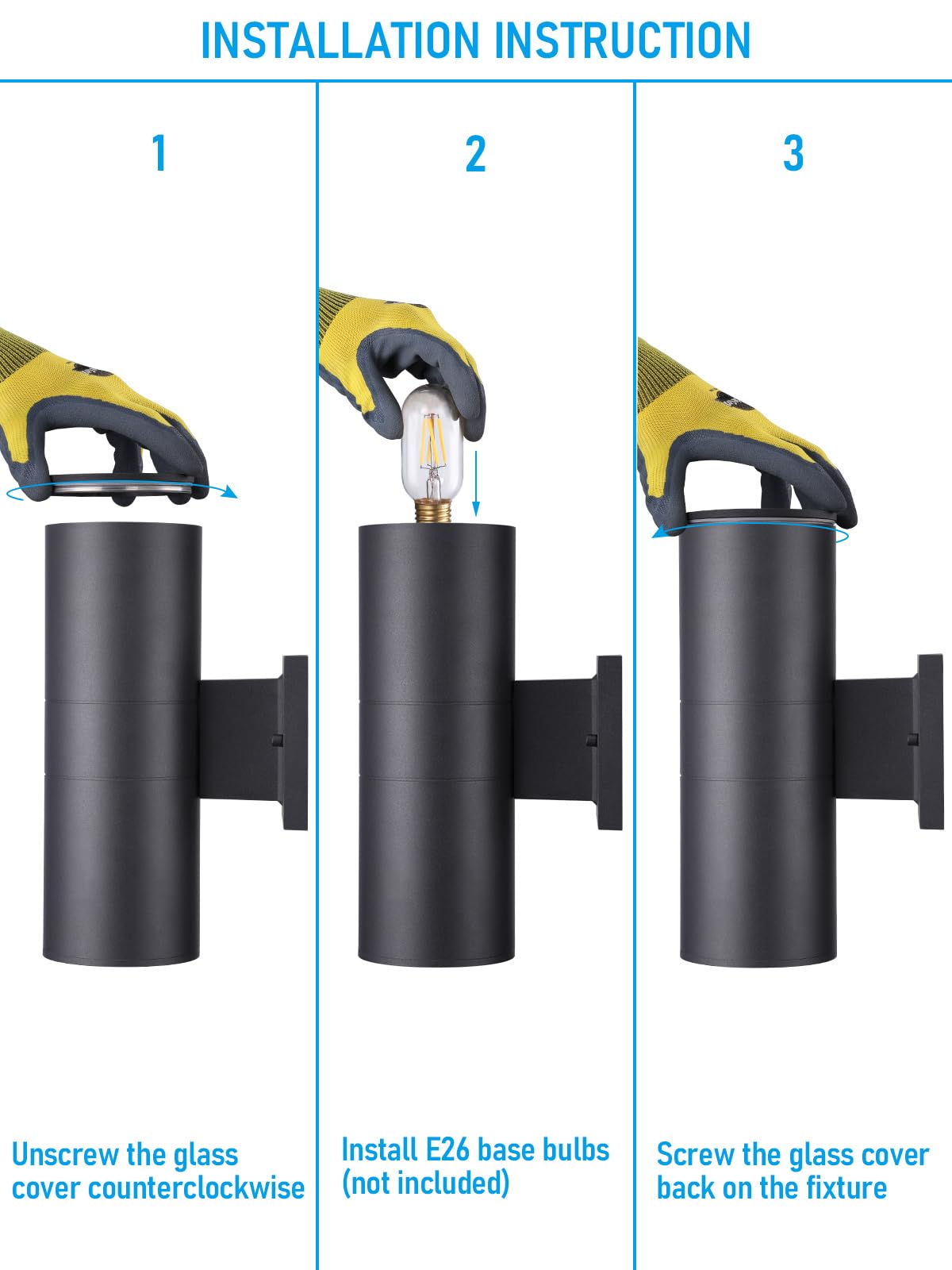LEONLITE simple three-step installation guide for exterior mounting.