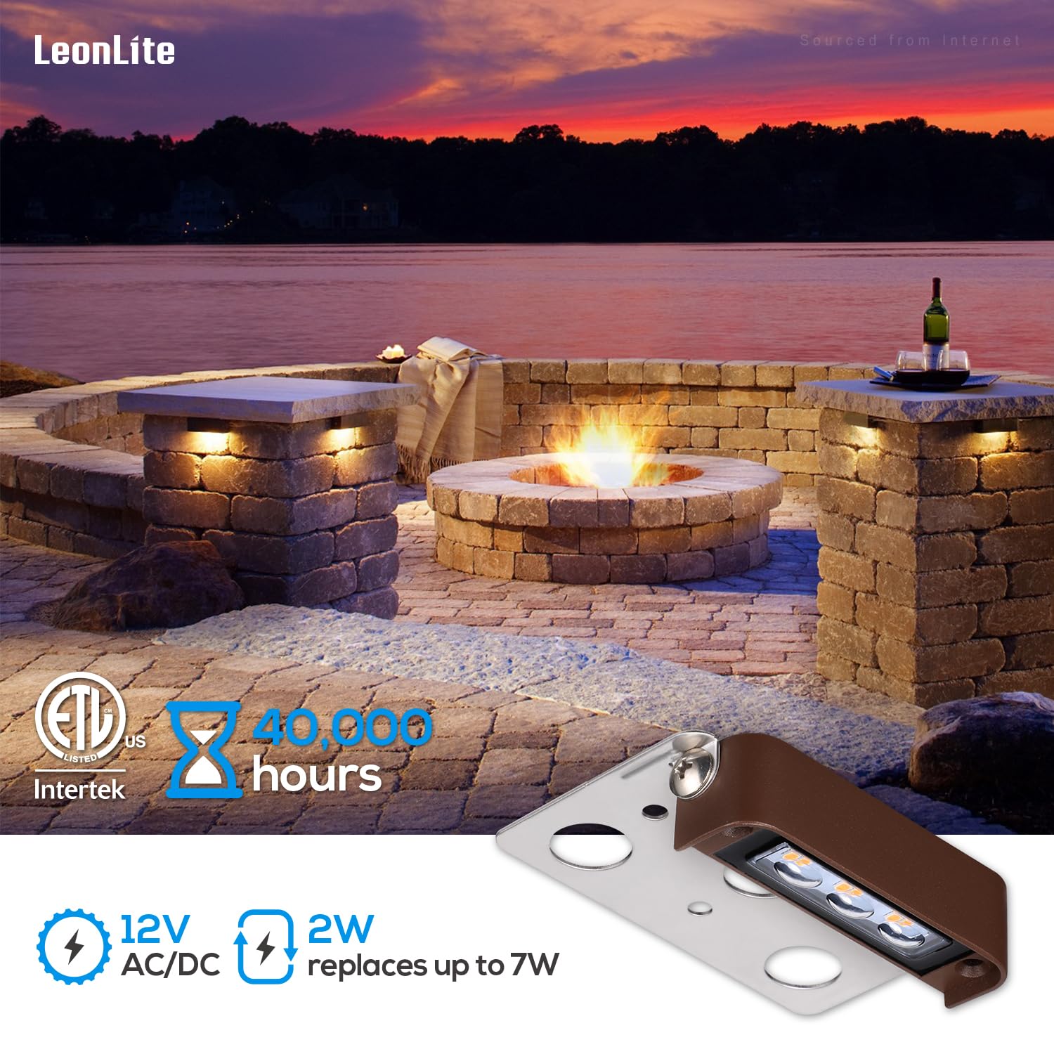 LEONLITE LED hardscape light close-up showing 2W efficiency and soft white glow.
