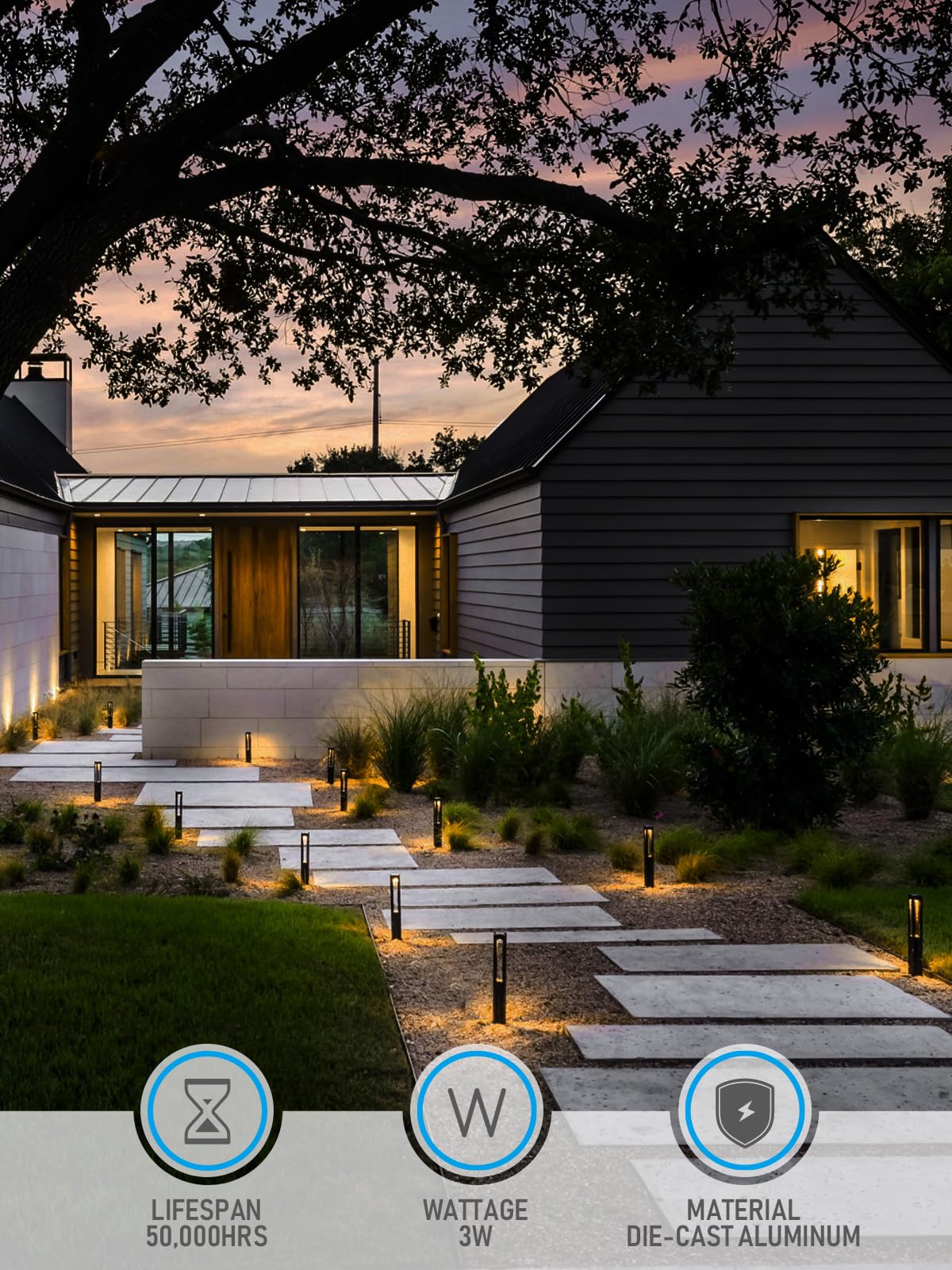 LEONLITE low-voltage path light installed along garden edge at dusk