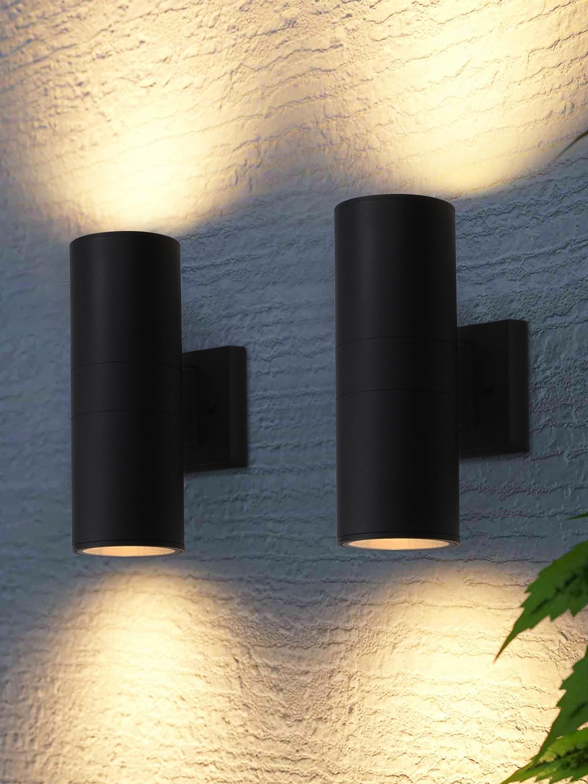 LEONLITE dual-light outdoor cylinder wall light for balanced up-down illumination.