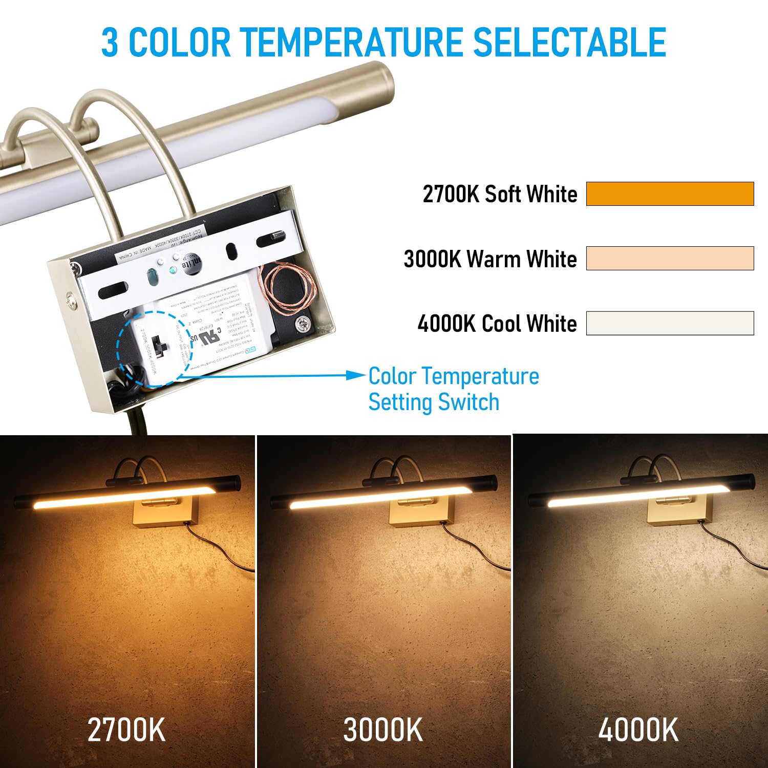 LEONLITE picture light with 270-degree swivel focuses on specific artwork.
