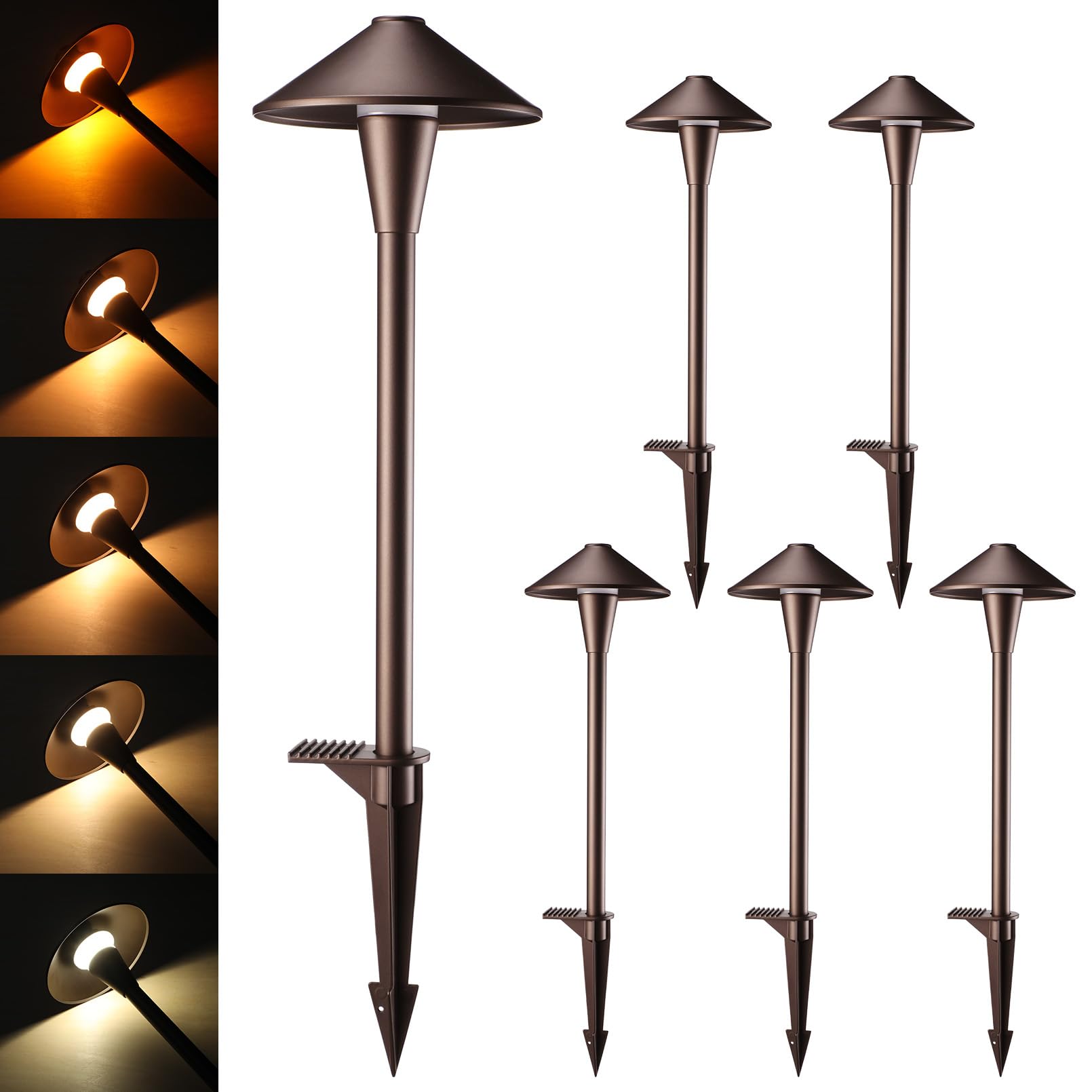 LEONLITE Update 5CCT pathway light in oil rubbed bronze along a garden path.