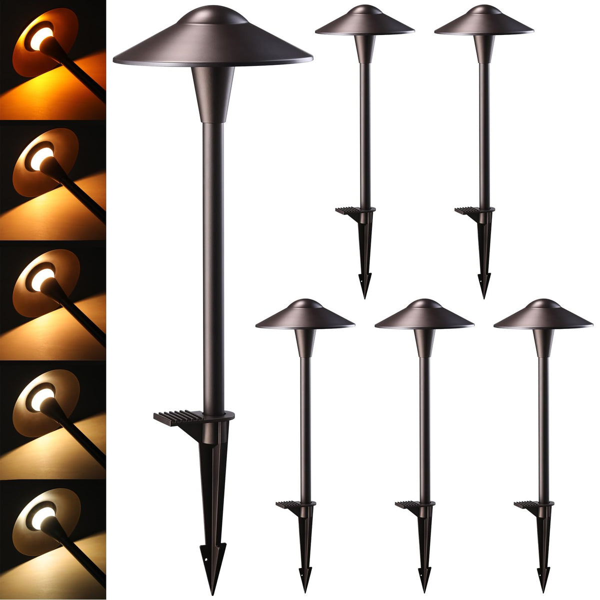 LEONLITE saucer-head pathway light adds warm bronze glow to walkways.