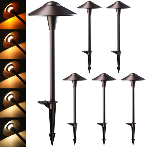 LEONLITE saucer-head pathway light adds warm bronze glow to walkways.