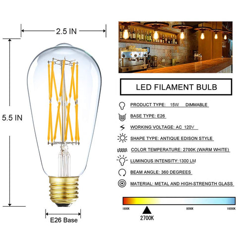 Leools warm white 2700K Edison bulb offers 360-degree brightness for any room.