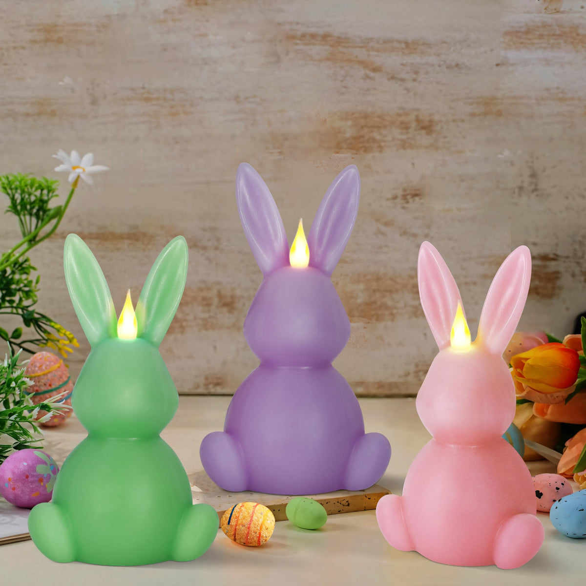 Leorate Easter bunny flameless candle set on a festive table