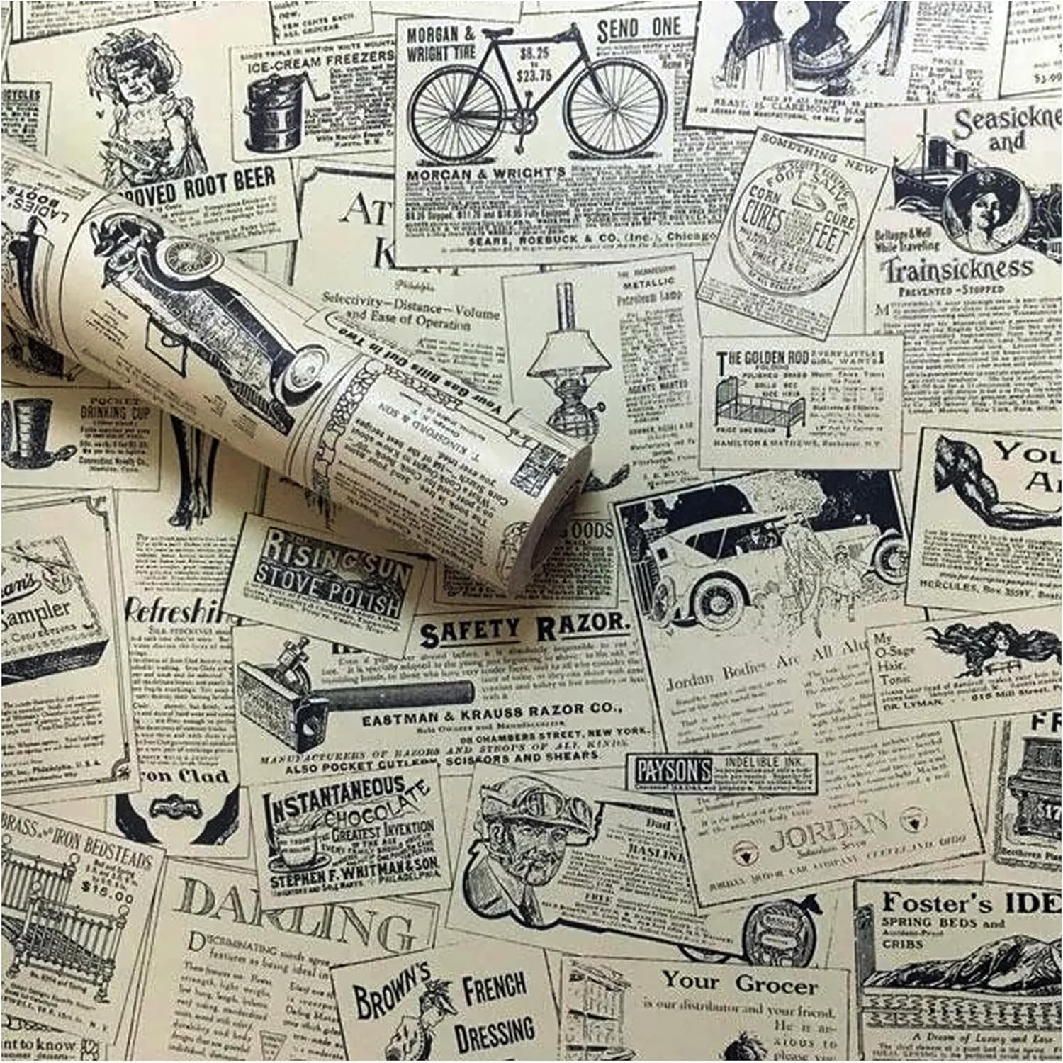 Lependor newspaper-pattern wallpaper roll front view showing design and scale