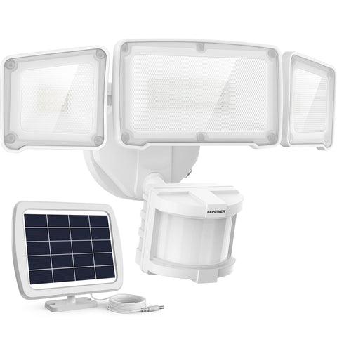 LEPOWER 1600LM solar security light front view illuminating porch area.