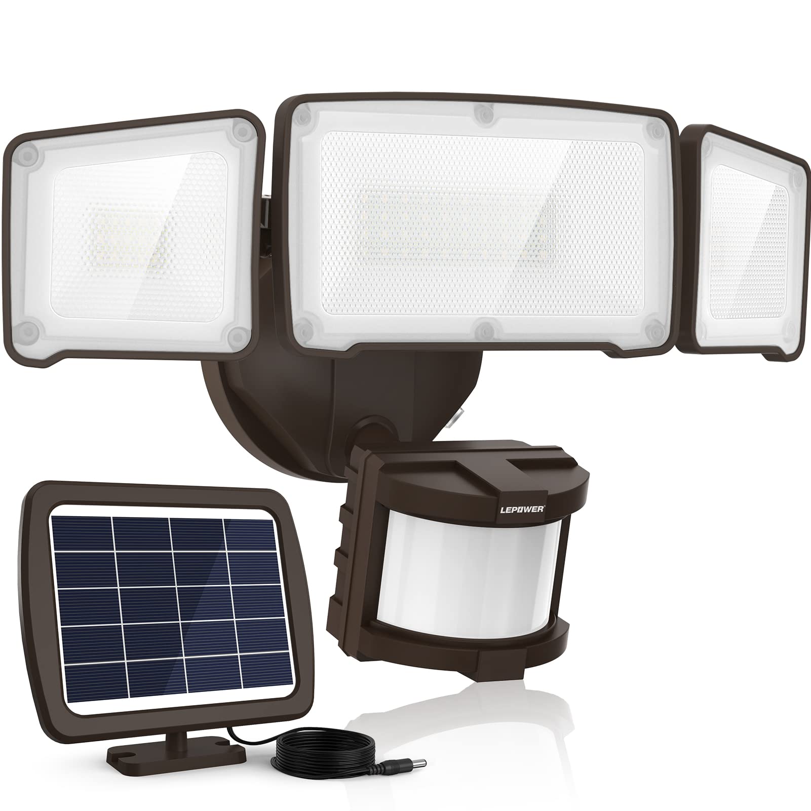 LEPOWER 1600lm solar security light front yard illuminates paths with bright, energy-saving light.
