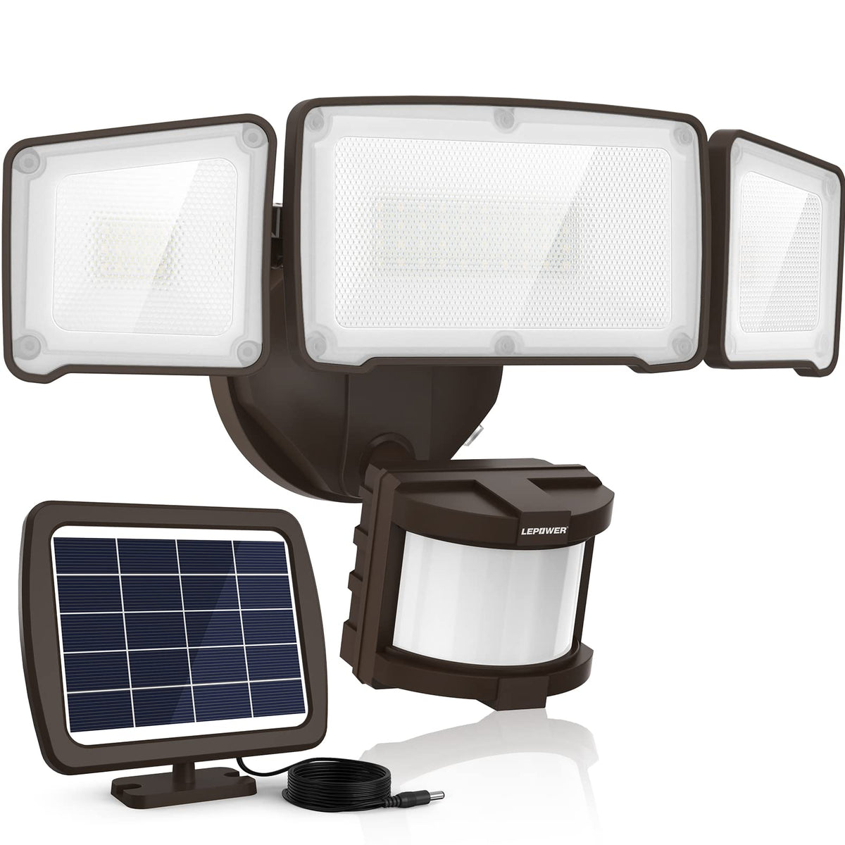 LEPOWER 1600lm solar security light front yard illuminates paths with bright, energy-saving light.