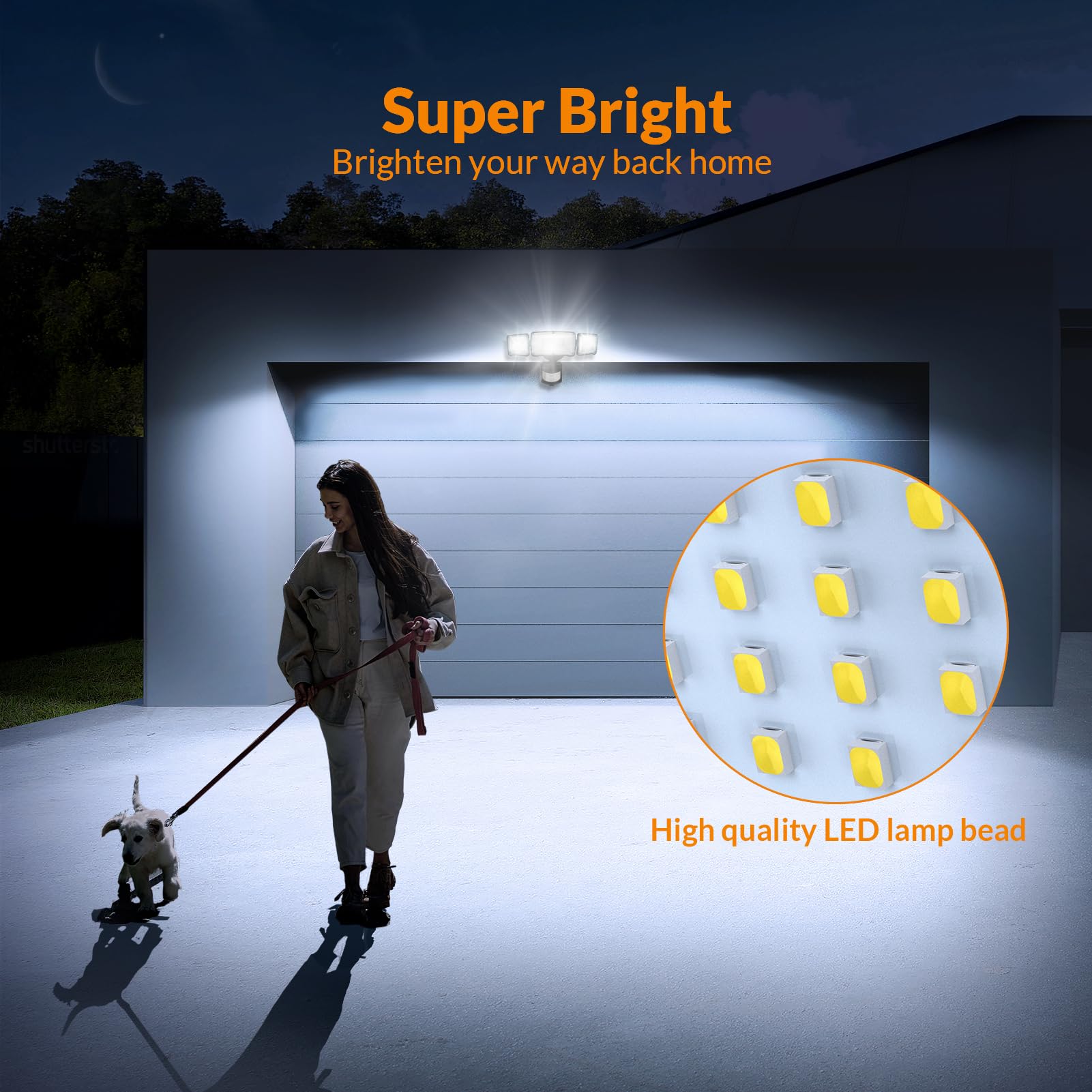 LEPOWER three-head design provides wider coverage for outdoor lighting.