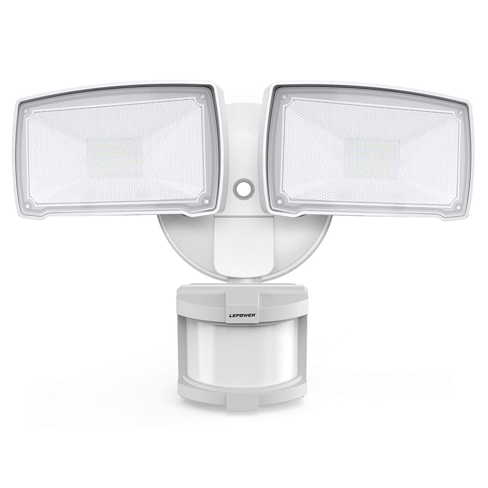 LEPOWER 30W security light with two heads, front view for enhanced boundary lighting.