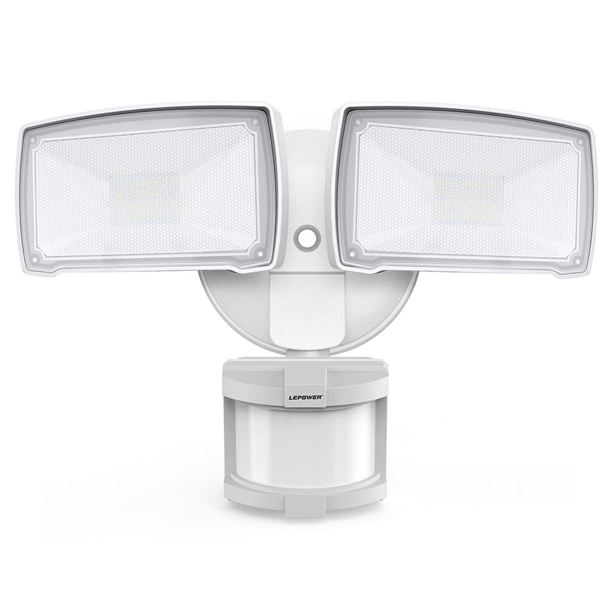 LEPOWER 30W security light with two heads, front view for enhanced boundary lighting.