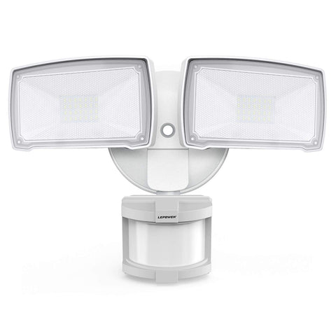 LEPOWER 30W security light with two heads, front view for enhanced boundary lighting.
