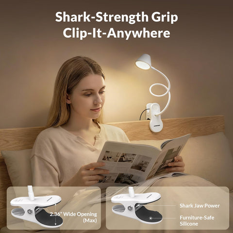 LEPOWER clip-on light showing five color temperatures for versatile reading