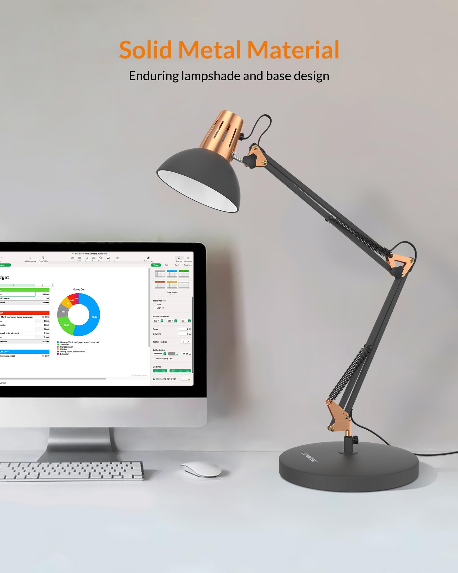 LEPOWER desk lamp clip-clamp secures attachment to shelves up to two inches