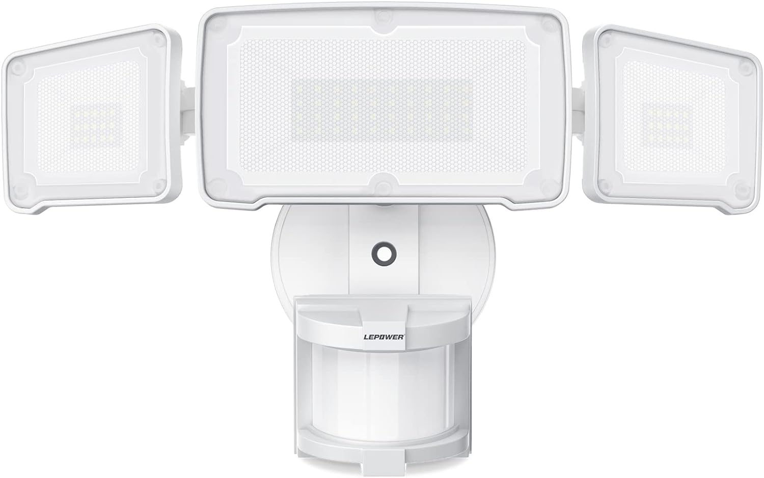 LEPOWER LED security light with three adjustable heads for wide porch illumination.