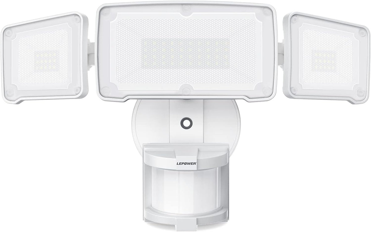 LEPOWER LED security light with three adjustable heads for wide porch illumination.