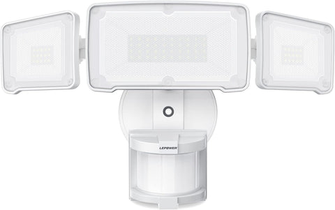 LEPOWER LED security light with three adjustable heads for wide porch illumination.