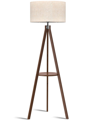 LEPOWER mid-century wood floor lamp with shelf for stylish living room lighting.