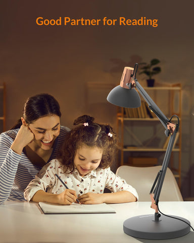 LEPOWER sandy-black finish desk lamp shade complements bedroom spaces and reduces glare