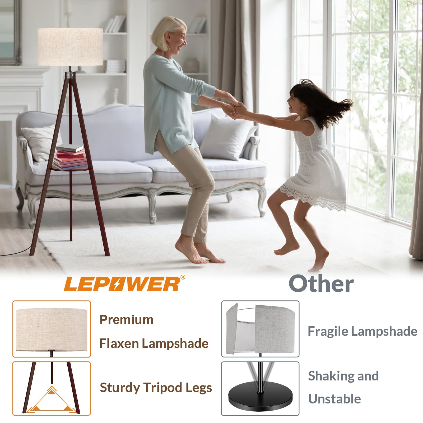 LEPOWER tripod floor lamp wood-base highlights natural rubber wood and sturdy support