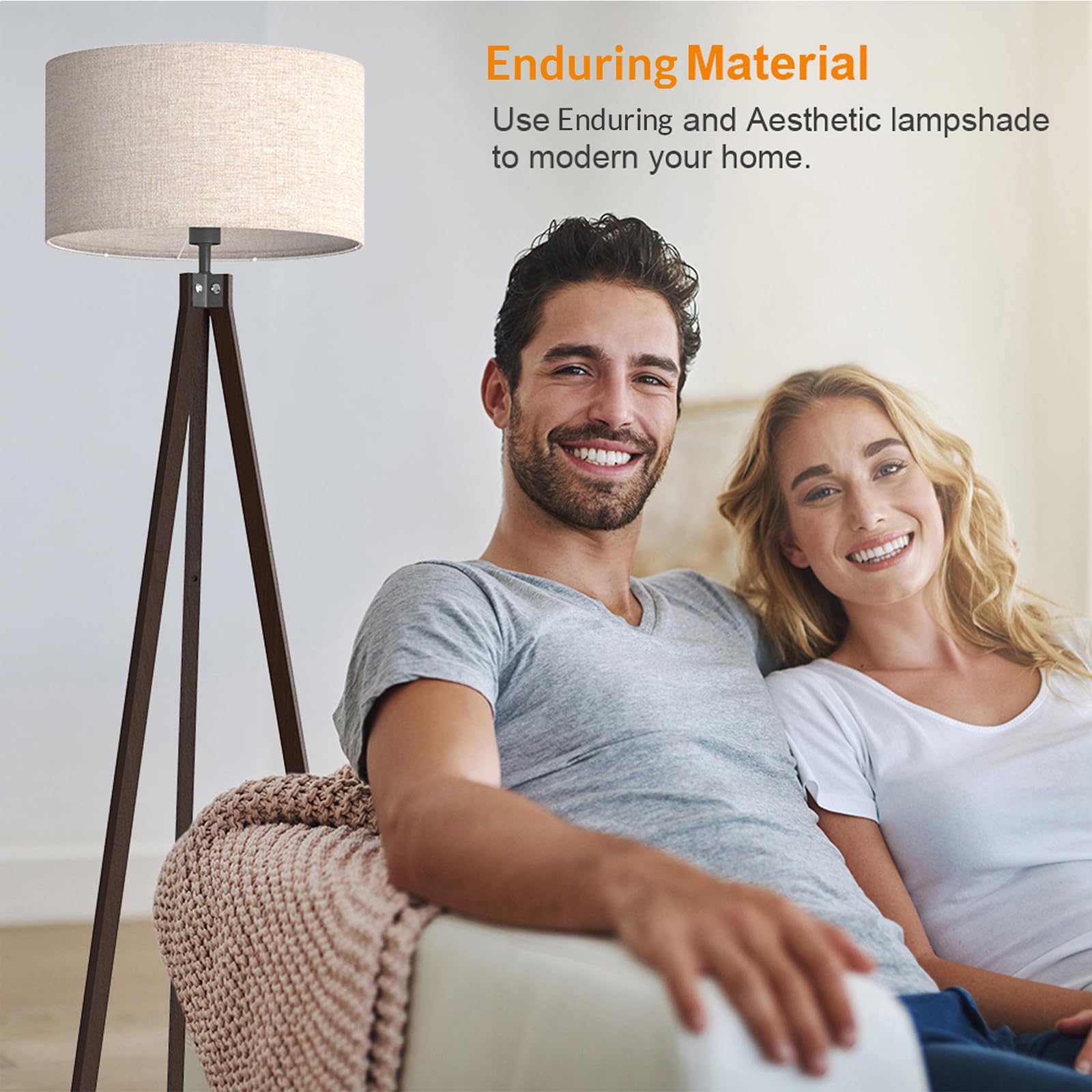 LEPOWER living room setup with tripod lamp adds warm mid-century charm.