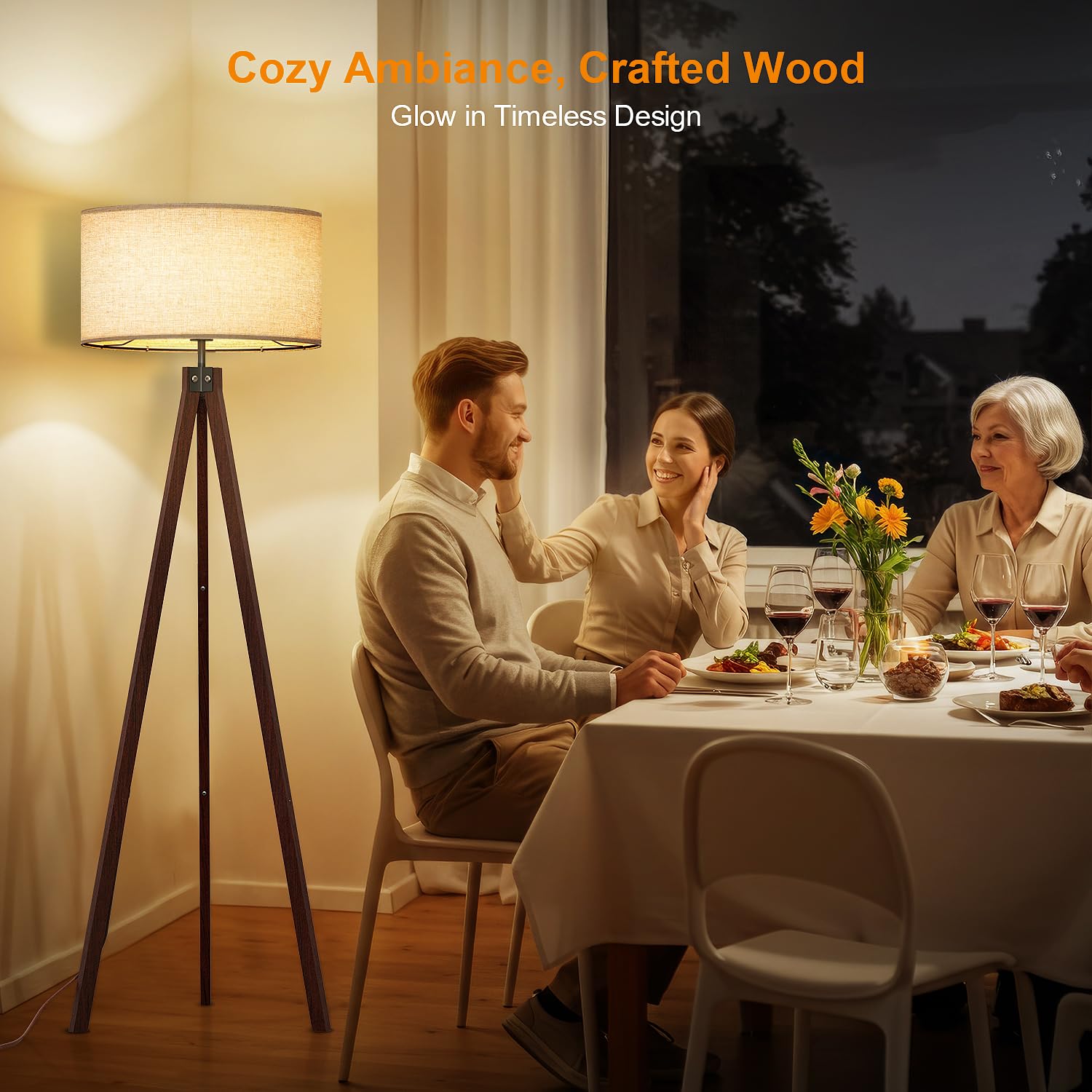 LEPOWER linen shade on tripod lamp creates soft, inviting light.