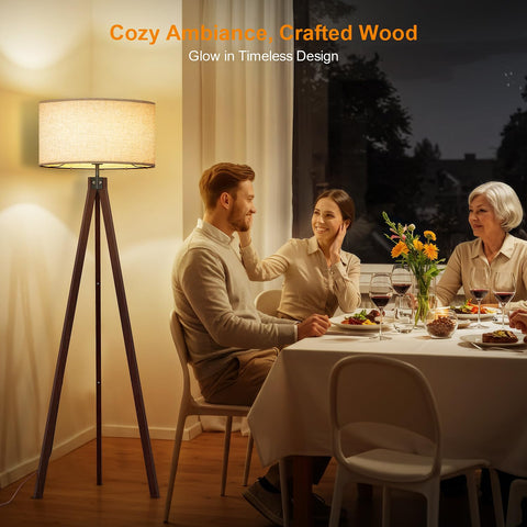 LEPOWER linen shade on tripod lamp creates soft, inviting light.