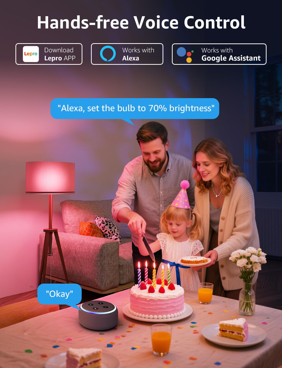 Lepro B3 AI Smart Bulb with Alexa and Google Assistant for hands-free lighting control.