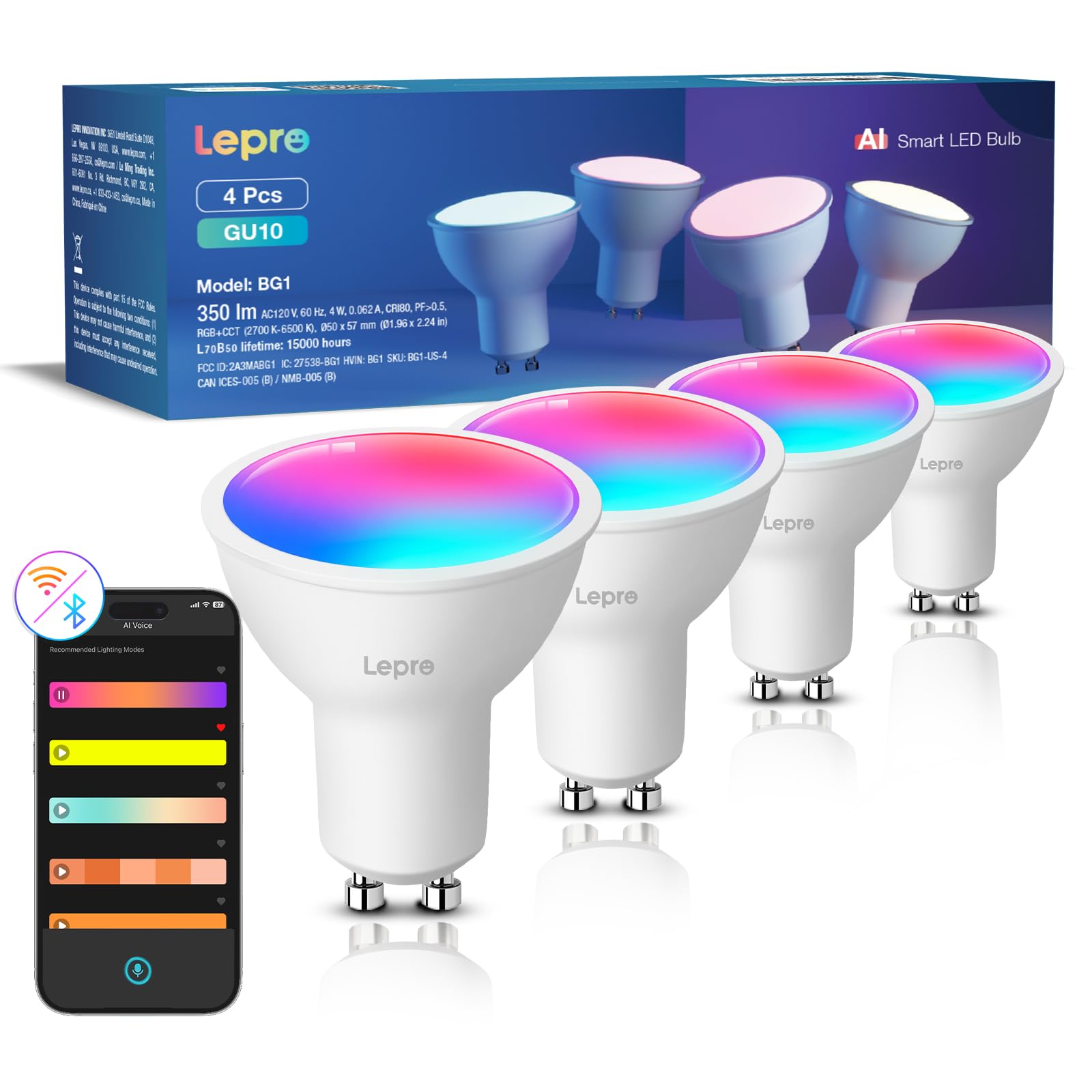 Lepro BG1 AI GU10 smart bulb showcases a sleek appearance for modern interiors.