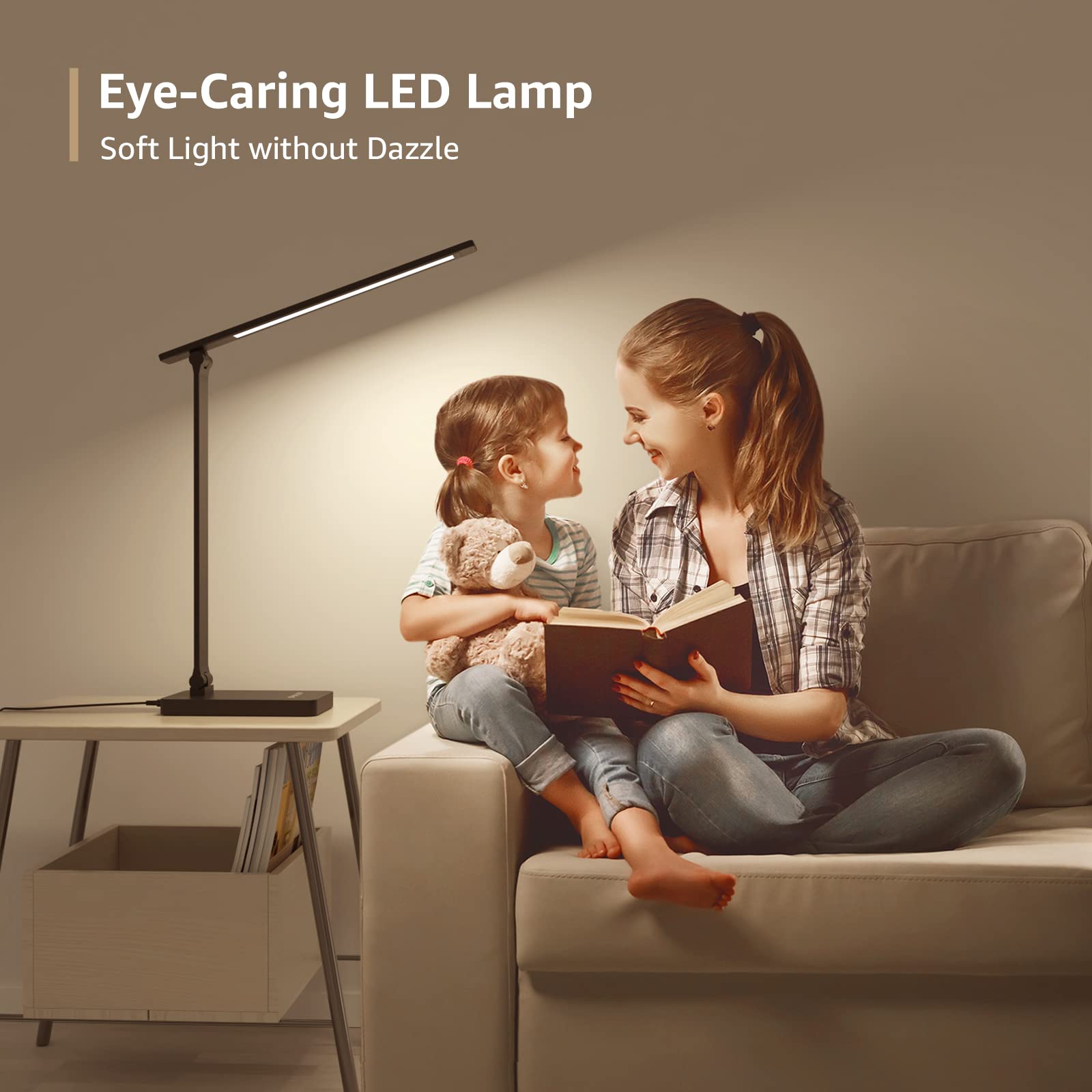 Lepro LED desk lamp at workplace with monitors highlights space efficiency.