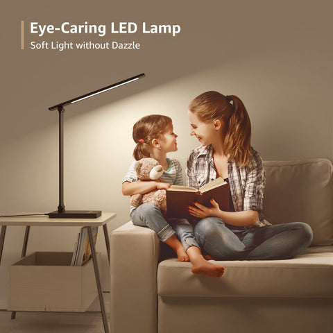 Lepro LED desk lamp at workplace with monitors highlights space efficiency.