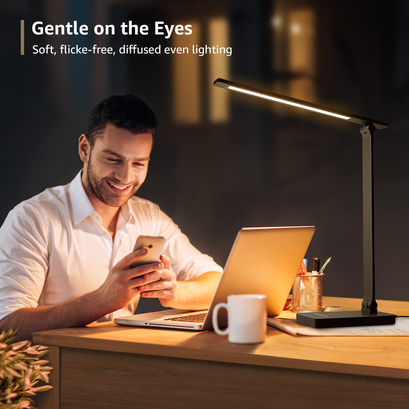 Lepro LED desk lamp side angle highlights adjustable neck for focused task lighting.