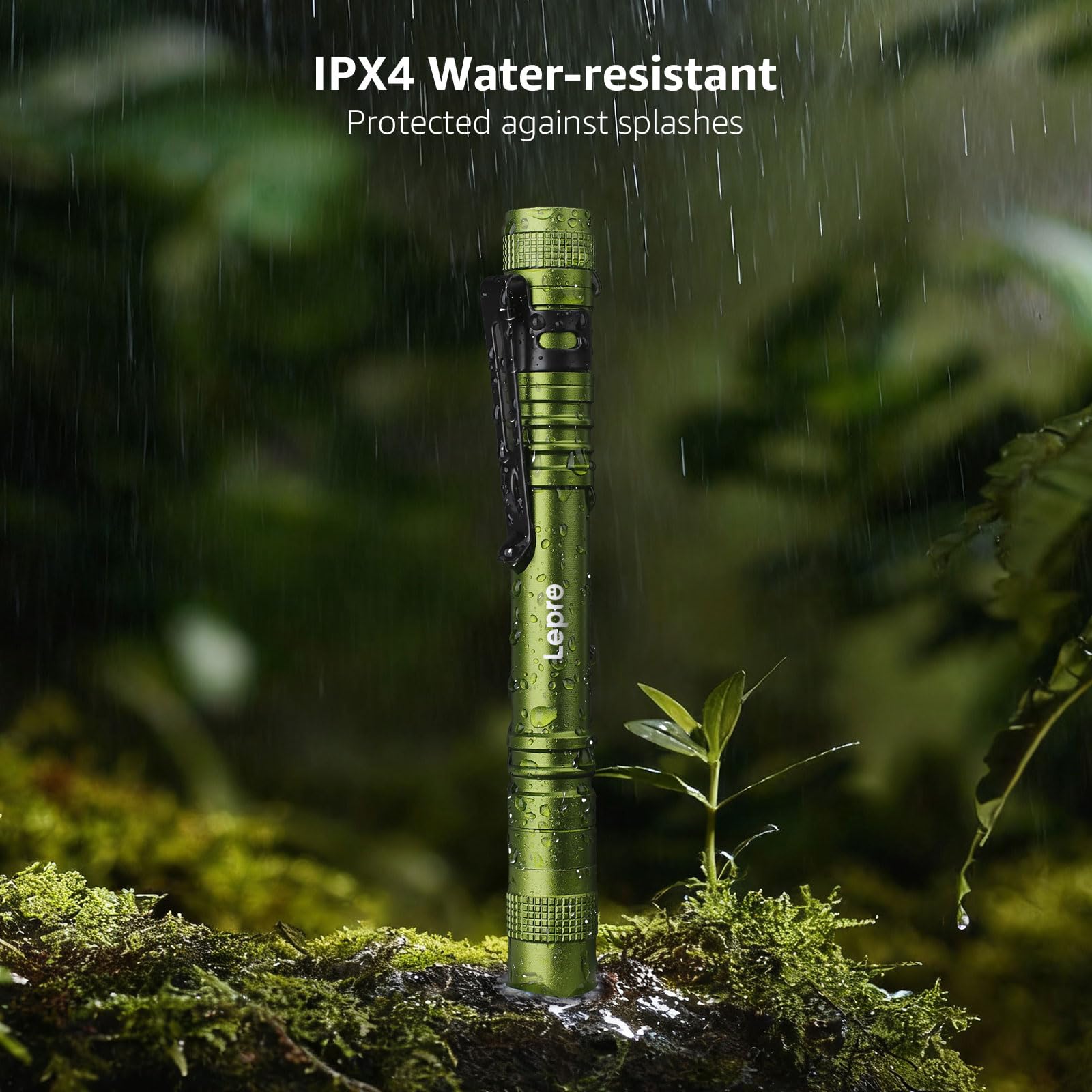 Lepro LED Pen Flashlight IPX4 waterproof for rain and snow durability.