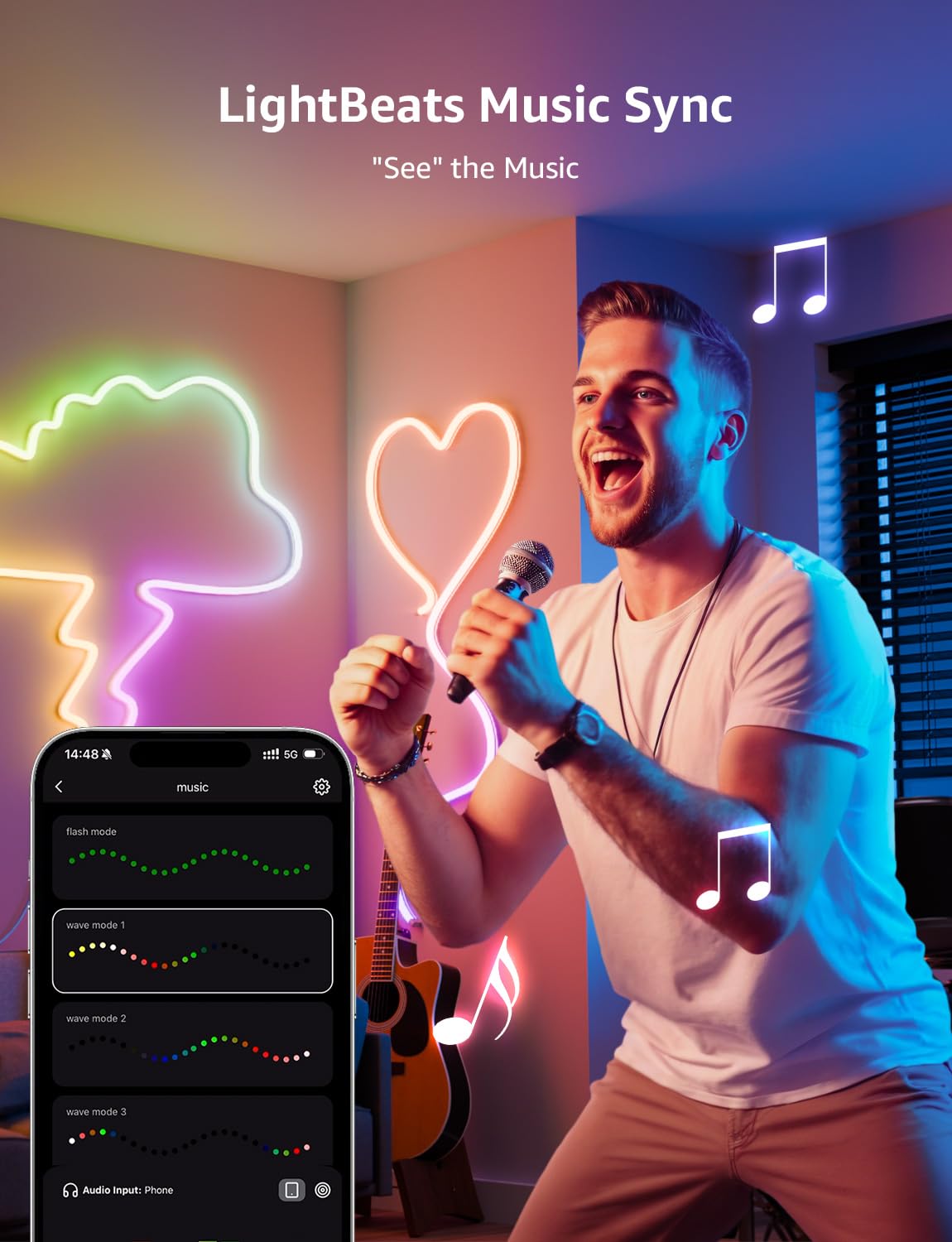 Lepro N1 AI rope lights in a living room scene via the Lepro app.