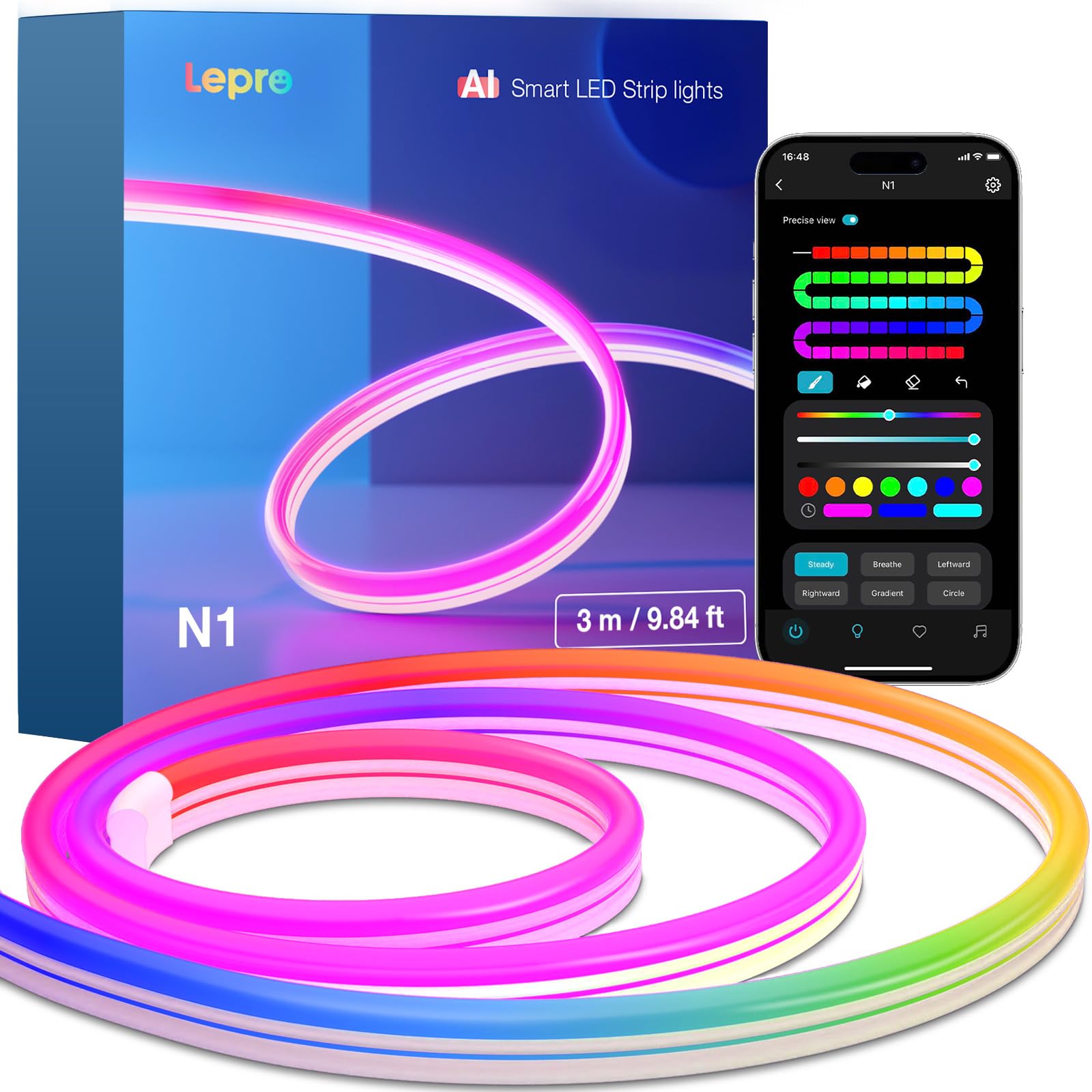 Lepro N1 AI smart RGB rope lights in product shot for vivid ambient lighting.