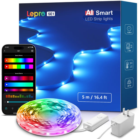 Lepro SE1 AI lighting design interface showing customizable room scenes for mood control