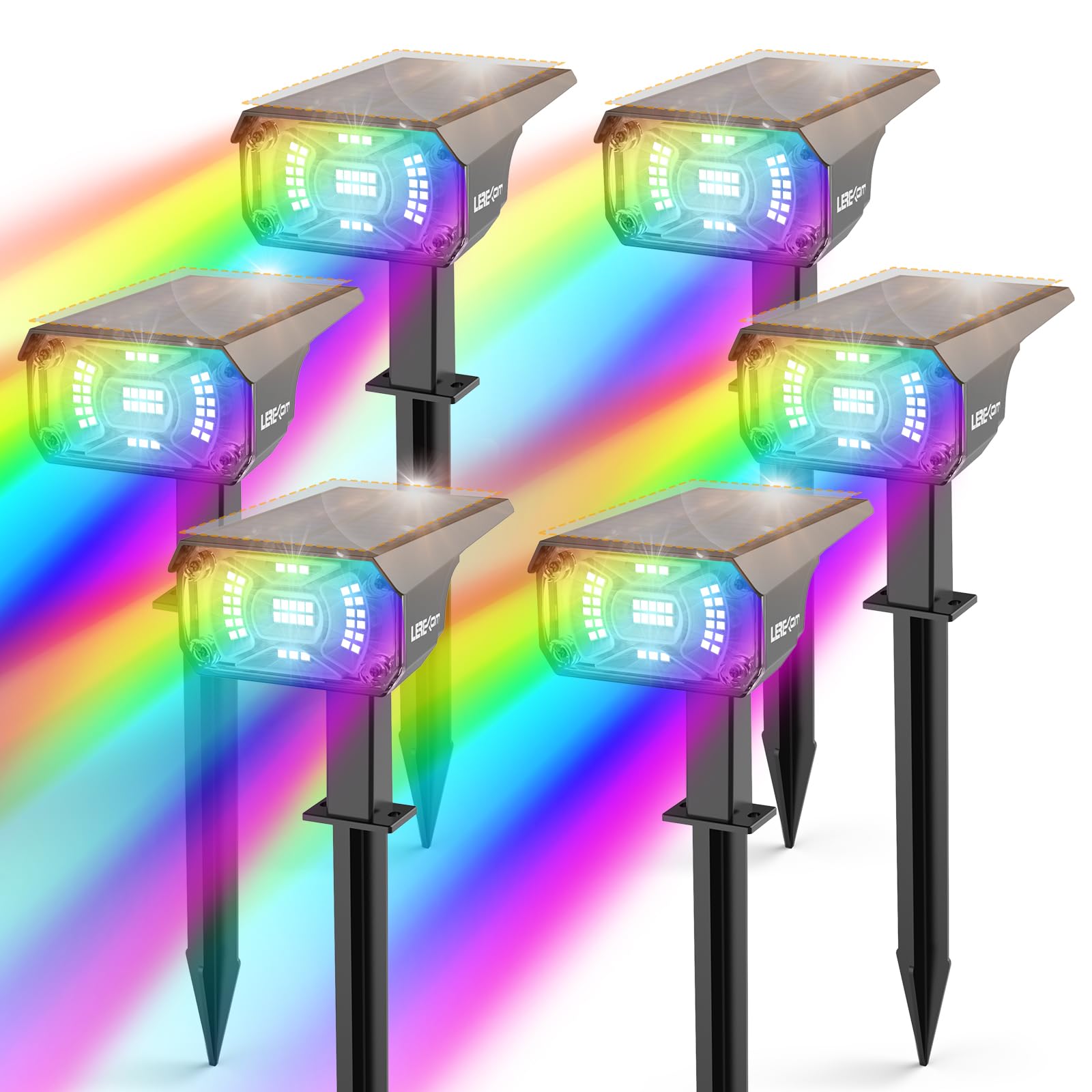 LEREKAM color solar lights outdoor spotlight 6-pack creating vibrant yard ambience.