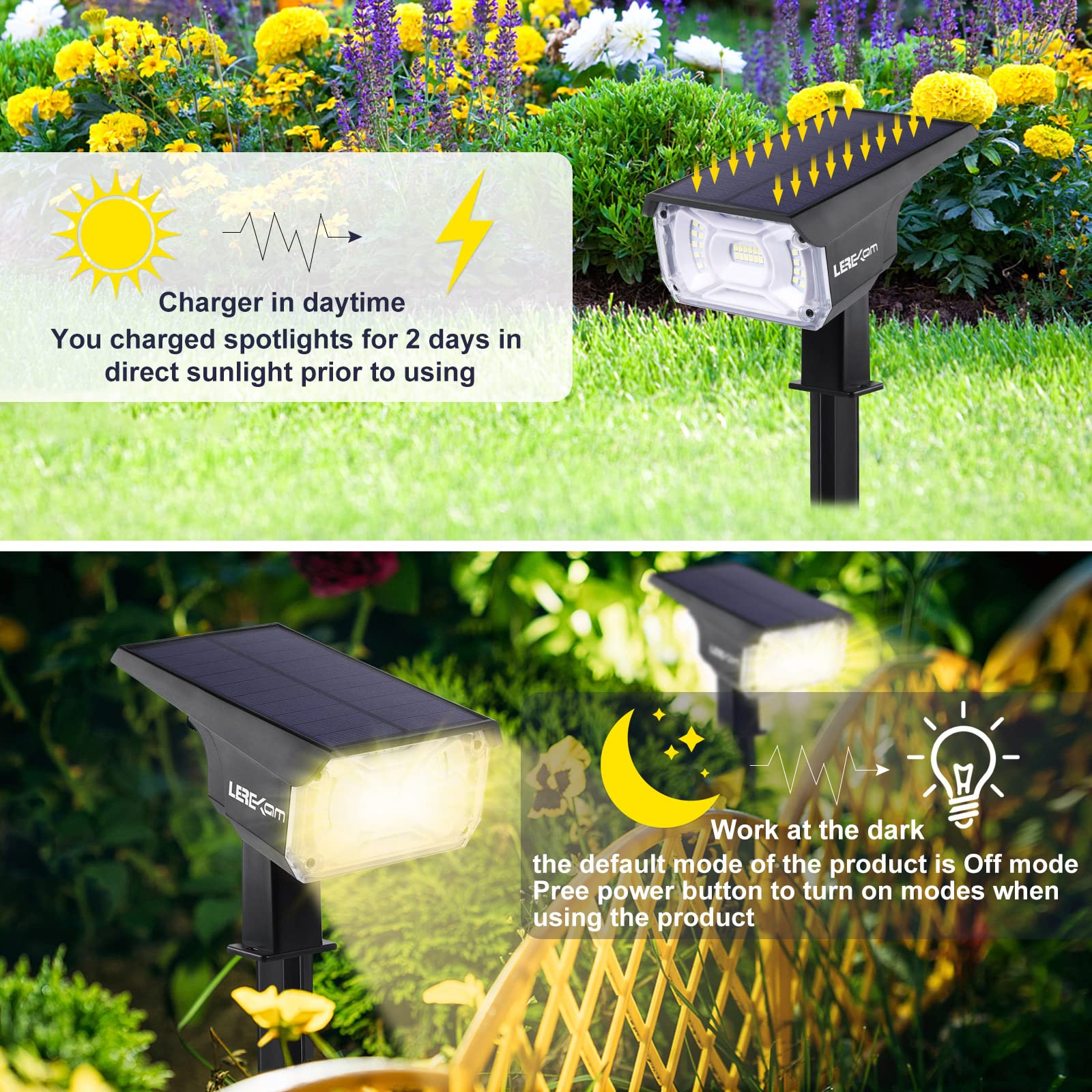 LEREKAM ground stake and wall-mount installation illustrate versatile outdoor placement.