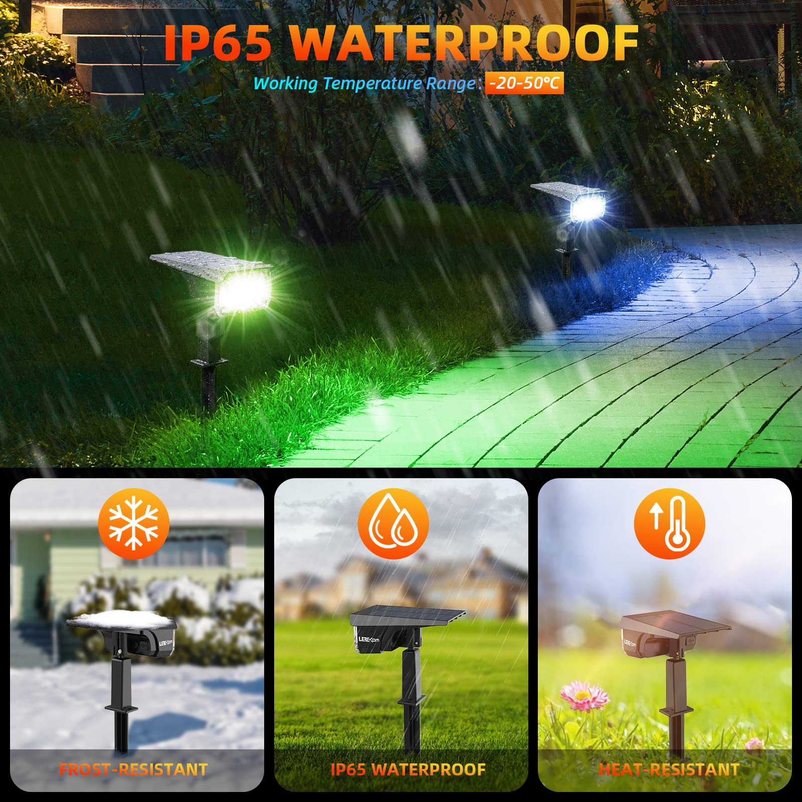 LEREKAM RGBW solar lights USB charging option for reliable illumination.