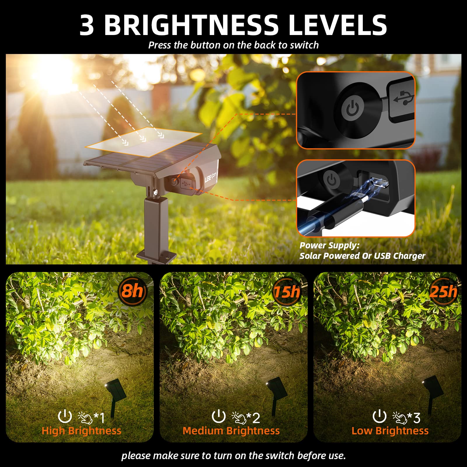 LEREKAM solar lights USB charging port provides reliable power backup.