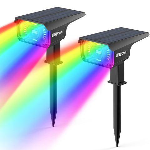 LEREKAM solar outdoor lights, front view, bright pathway illumination with color options.
