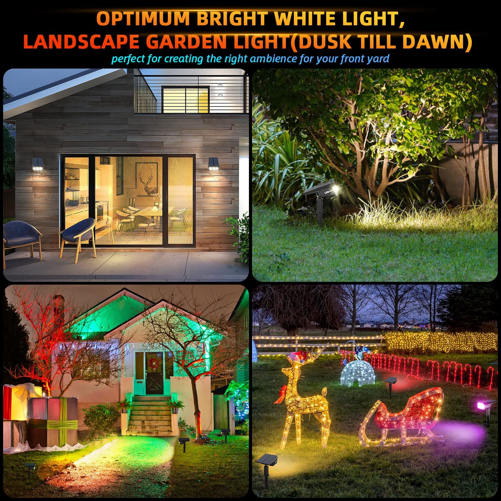 LEREKAM outdoor lights mounted along a patio for ambient color.