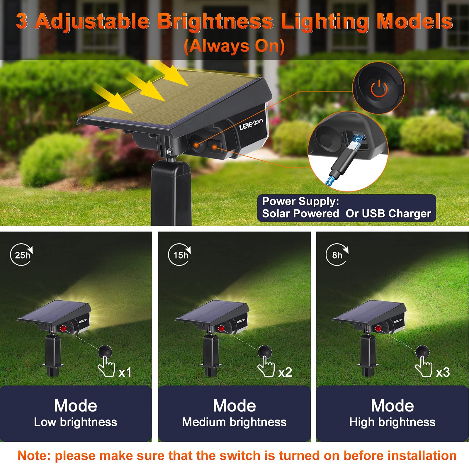 LEREKAM USB charging backup option shown for cloudy day use and extended run time.