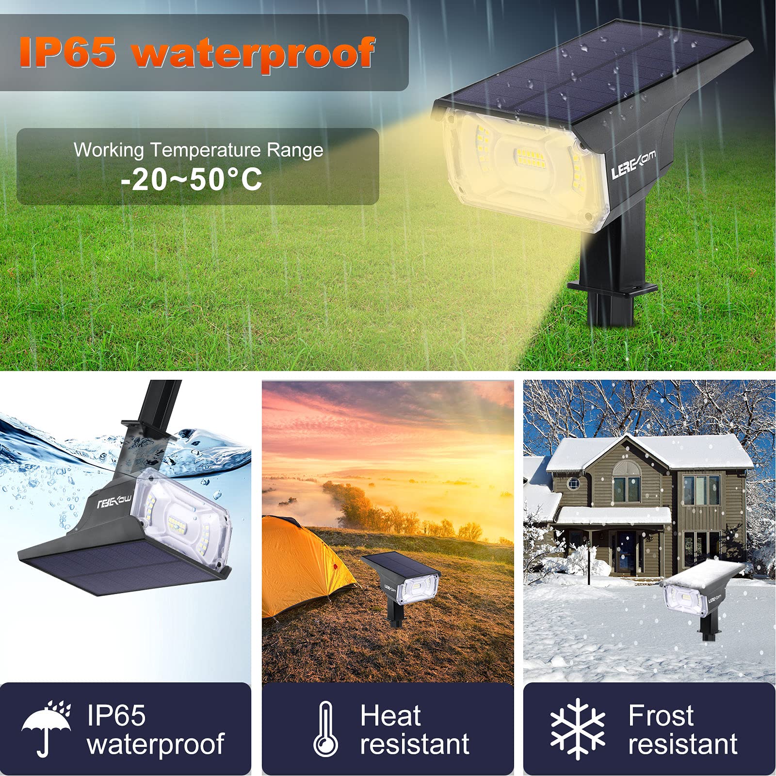 LEREKAM wall-mount option highlighting IP65 waterproof rating for all-weather durability.