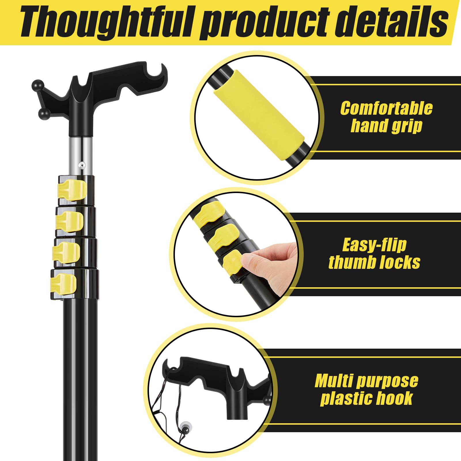 Leriton utility hook on extension pole secures lights for safe installations.